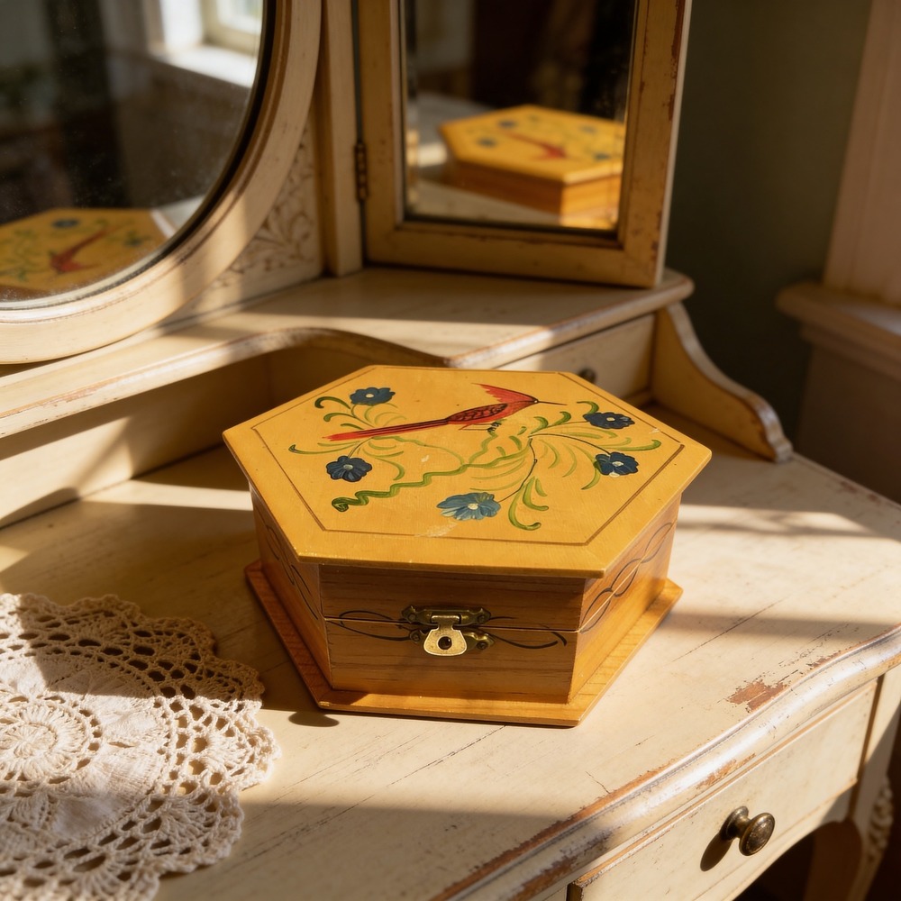 Vintage Hand Painted Wooden Hexagon Trinket Box Red Bird‎ Floral Folk Art Yellow